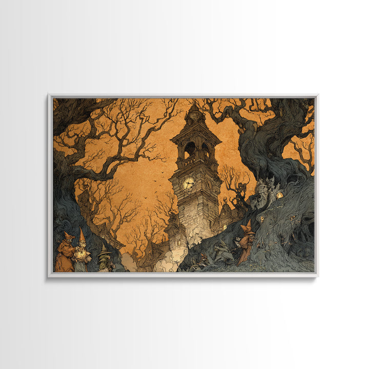 The Thirteenth Bell, Gothic Storybook Art, Landscape Wall Art, Dark Halloween Decor, Framed Canvas Print, Halloween Wall Art
