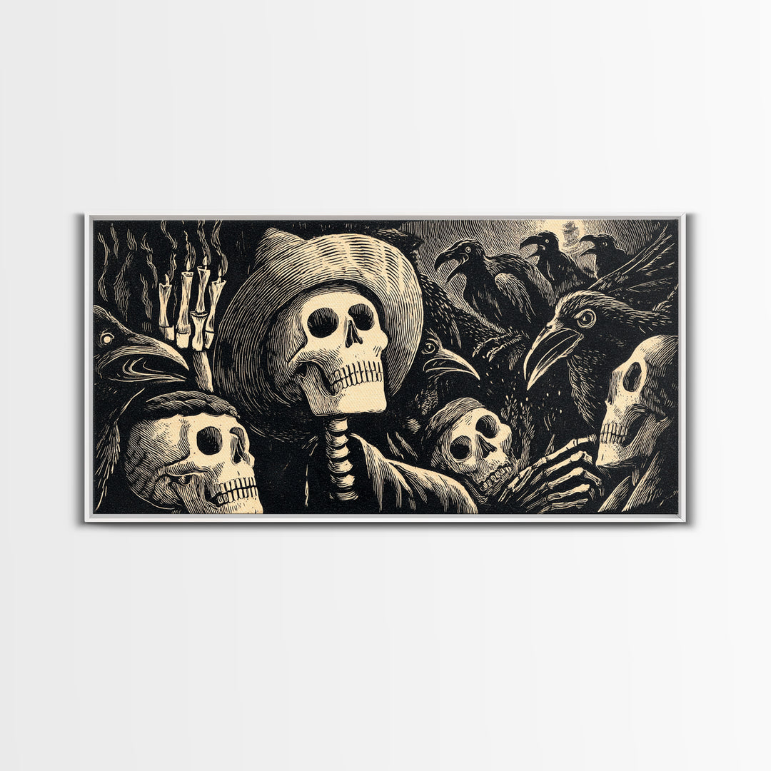 The Thirteenth Bell, Macabre Folk Print Art, Wide Panoramic Art, Macabre Wall Art, Canvas Print, Halloween Wall Art