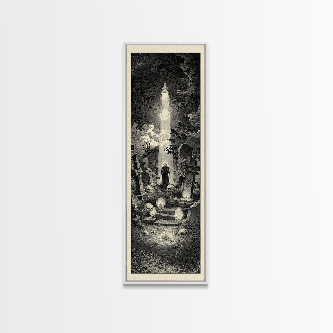 The Cemetery Lantern Festival, Gothic Engraving Art, Tall Narrow Wall Art, Gothic Horror Wall Art, Canvas Print, Halloween Wall Art