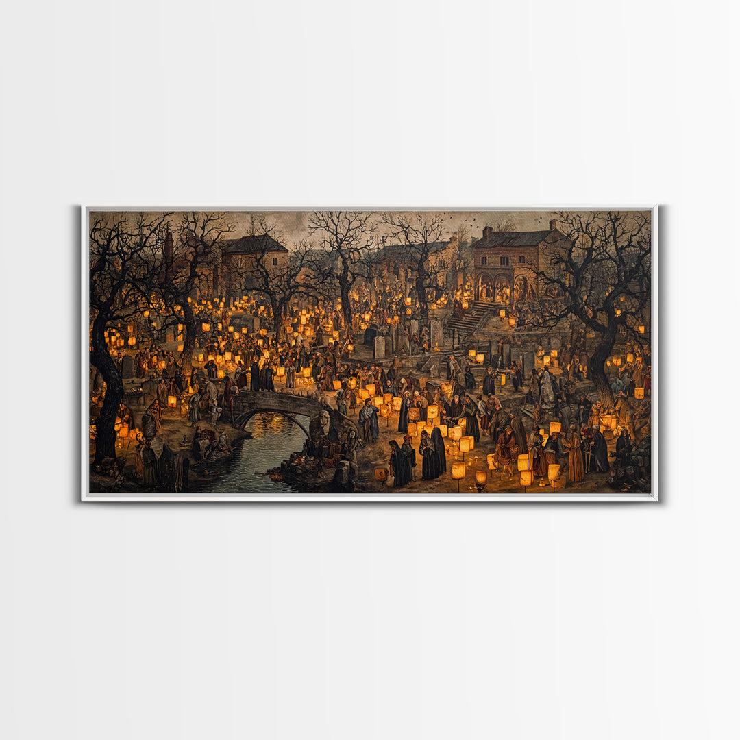 The Cemetery Lantern Festival, Northern Renaissance Horror, Wide Panoramic Art, Dark Halloween Decor, Framed Canvas Print