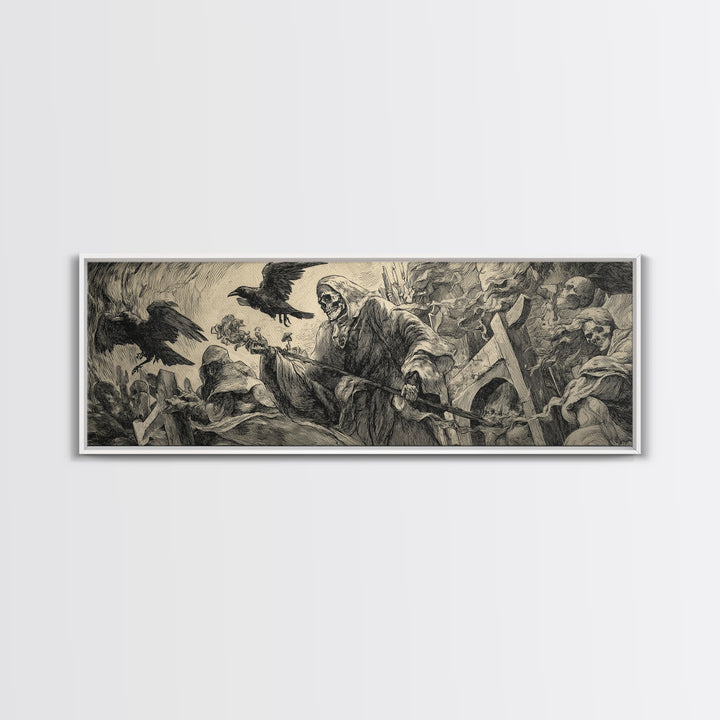 The Cemetery Lantern Festival, Renaissance Engraving Art, Extra Wide Wall Art, Macabre Wall Art, Canvas Print, Halloween Wall Art