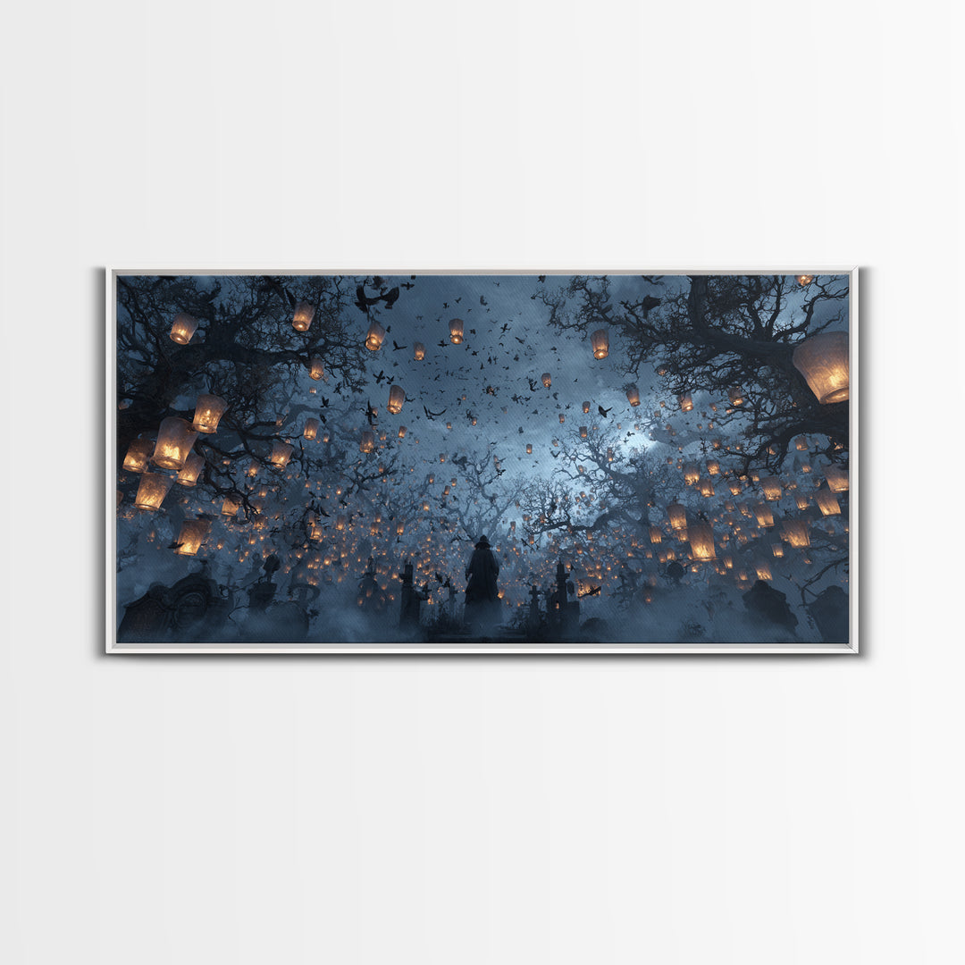 The Cemetery Lantern Festival, Baroque Witchcraft Art, Wide Panoramic Art, Macabre Wall Art, Framed Canvas Print, Halloween Wall Art