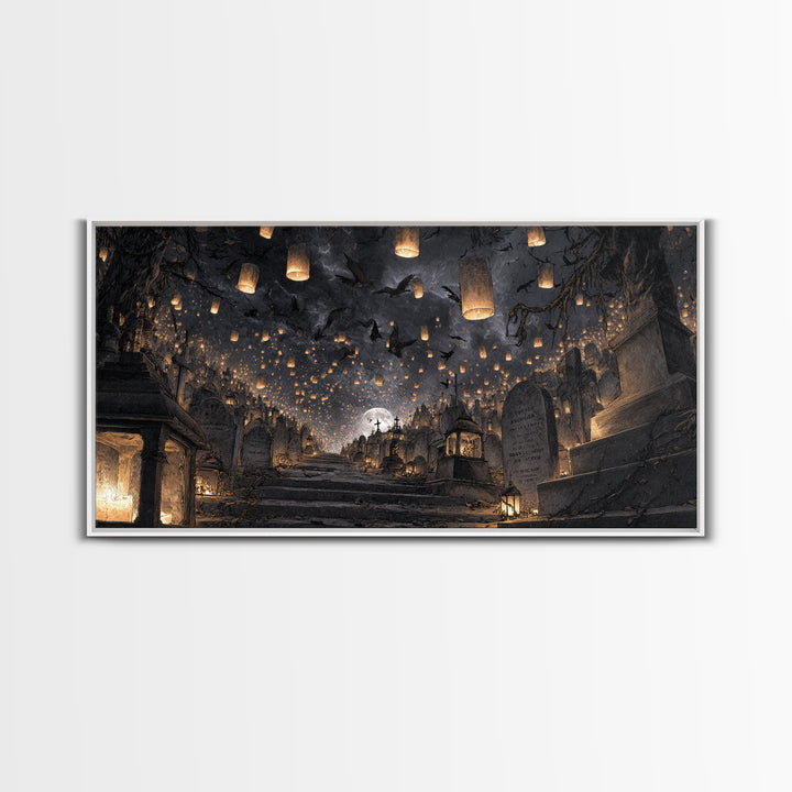 The Cemetery Lantern Festival, Architectural Etching Art, Wide Panoramic Art, Gothic Horror Wall Art, Framed Canvas Print
