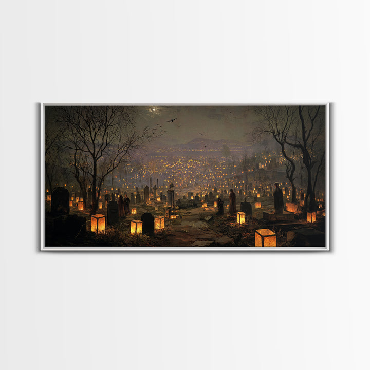 The Cemetery Lantern Festival, Romantic Gothic Landscape, Wide Panoramic Art, Dark Fantasy Wall Art, Framed Canvas Print