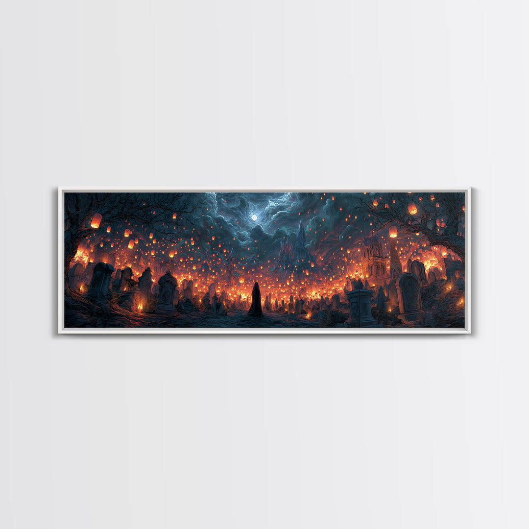 The Cemetery Lantern Festival, Apocalyptic Romantic Art, Extra Wide Wall Art, Dark Fantasy Wall Art, Framed Canvas Print, Halloween Wall Art