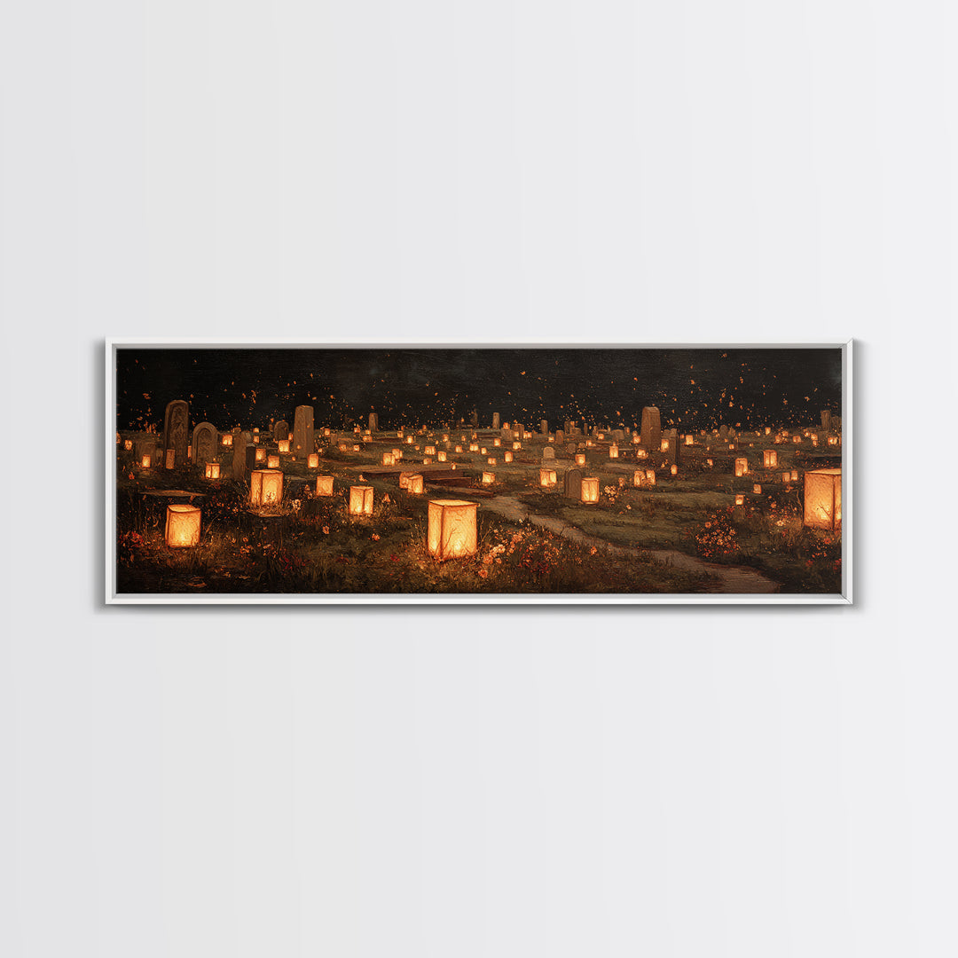The Cemetery Lantern Festival, Symbolist Dream Art, Extra Wide Wall Art, Dark Fantasy Wall Art, Framed Canvas Print, Halloween Decor