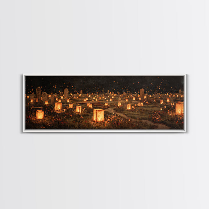 The Cemetery Lantern Festival, Symbolist Dream Art, Extra Wide Wall Art, Dark Fantasy Wall Art, Framed Canvas Print, Halloween Decor