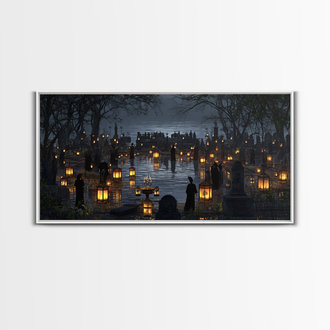 The Cemetery Lantern Festival, Symbolist Gothic Landscape, Wide Panoramic Art, Dark Fantasy Wall Art, Canvas Print, Halloween Wall Art
