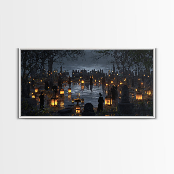 The Cemetery Lantern Festival, Symbolist Gothic Landscape, Wide Panoramic Art, Dark Fantasy Wall Art, Canvas Print, Halloween Wall Art