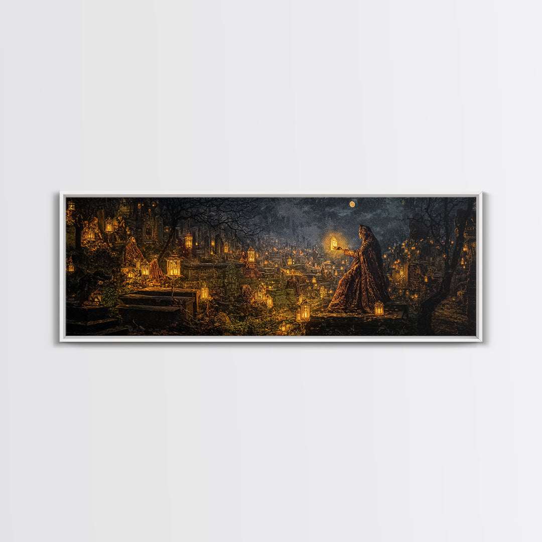 The Cemetery Lantern Festival, Ornate Symbolist Art, Extra Wide Wall Art, Macabre Wall Art, Canvas Print, Halloween Wall Art