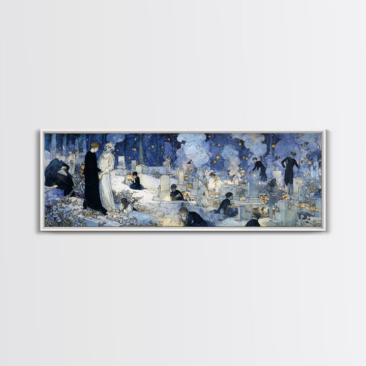The Cemetery Lantern Festival, Symbolist Death Art, Extra Wide Wall Art, Macabre Wall Art, Framed Canvas Print, Halloween Wall Art