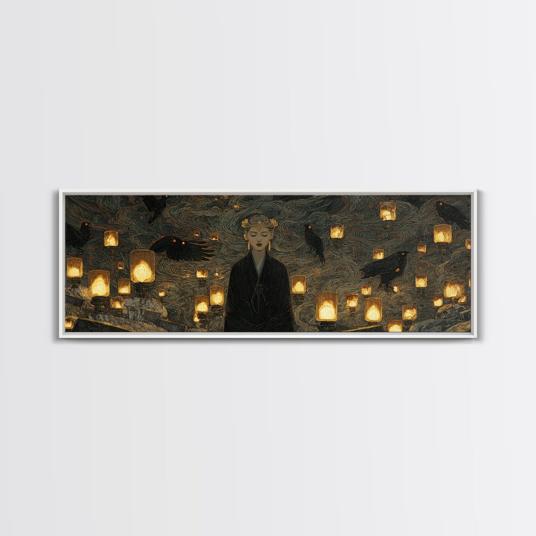 The Cemetery Lantern Festival, Dark Symbolist Art, Extra Wide Wall Art, Macabre Wall Art, Canvas Print, Halloween Wall Art