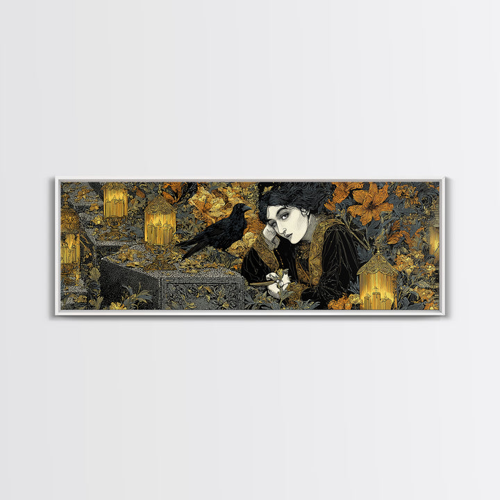 The Cemetery Lantern Festival, Stained Glass Gothic Art, Extra Wide Wall Art, Dark Halloween Decor, Framed Canvas Print, Halloween Wall Art