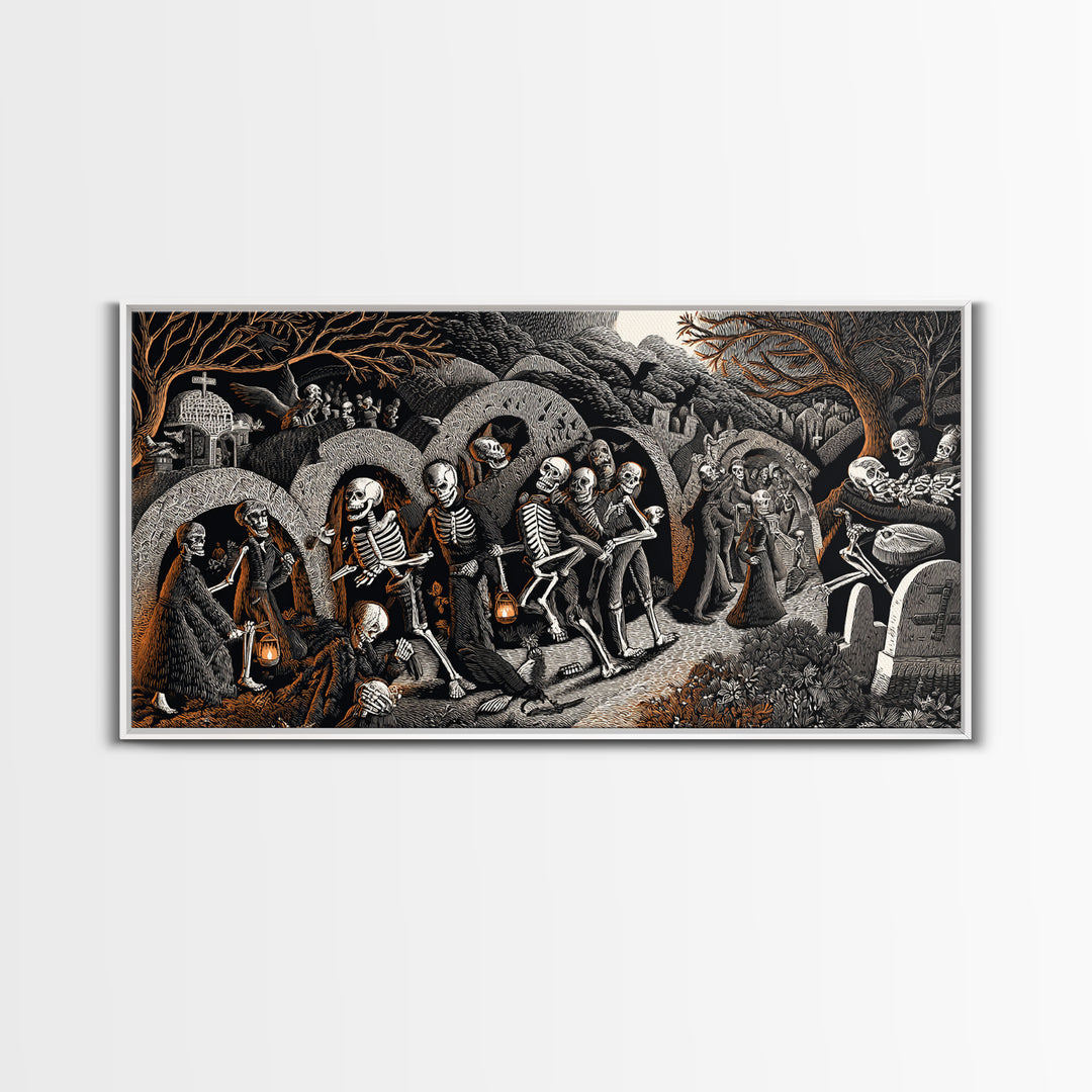 The Cemetery Lantern Festival, Macabre Folk Print Art, Wide Panoramic Art, Dark Halloween Decor, Framed Canvas Print