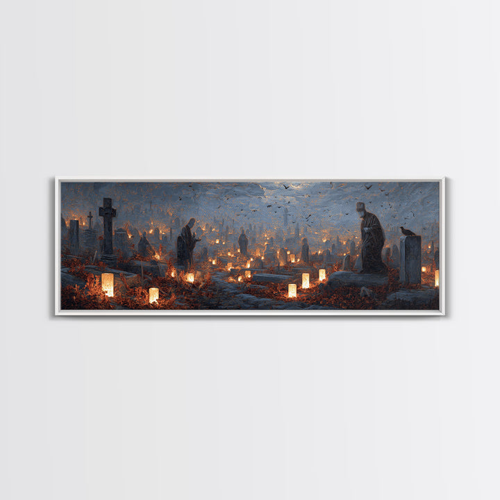 The Cemetery Lantern Festival, Surreal Apocalyptic Art, Extra Wide Wall Art, Gothic Horror Wall Art, Canvas Print, Halloween Decor