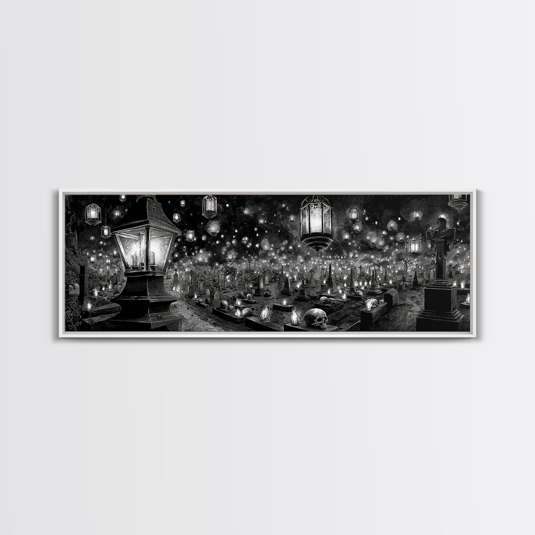The Cemetery Lantern Festival, Biomechanical Horror Art, Extra Wide Wall Art, Gothic Horror Wall Art, Framed Canvas Print