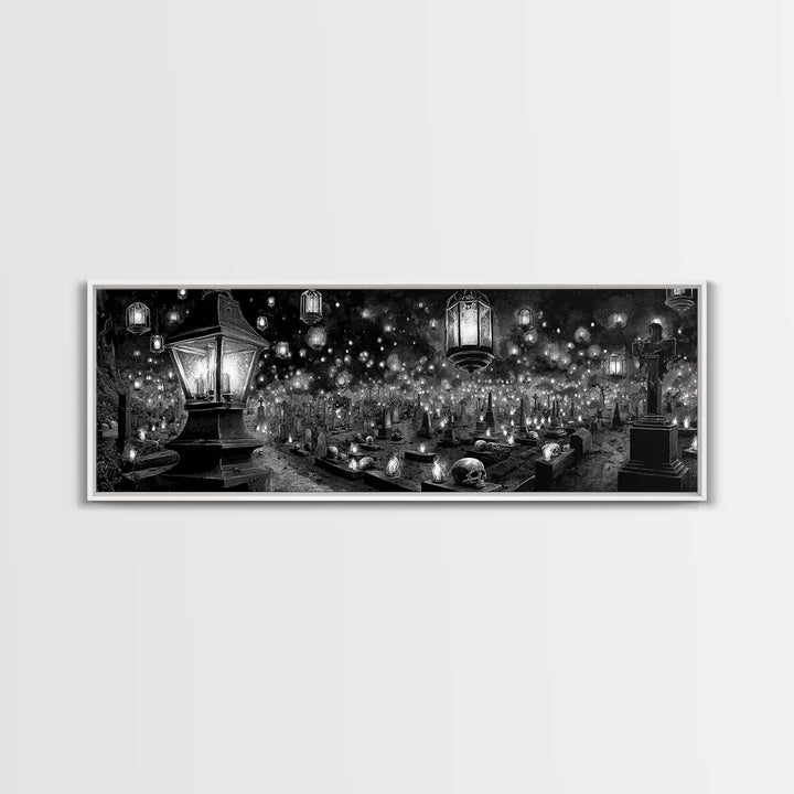 The Cemetery Lantern Festival, Biomechanical Horror Art, Extra Wide Wall Art, Gothic Horror Wall Art, Framed Canvas Print