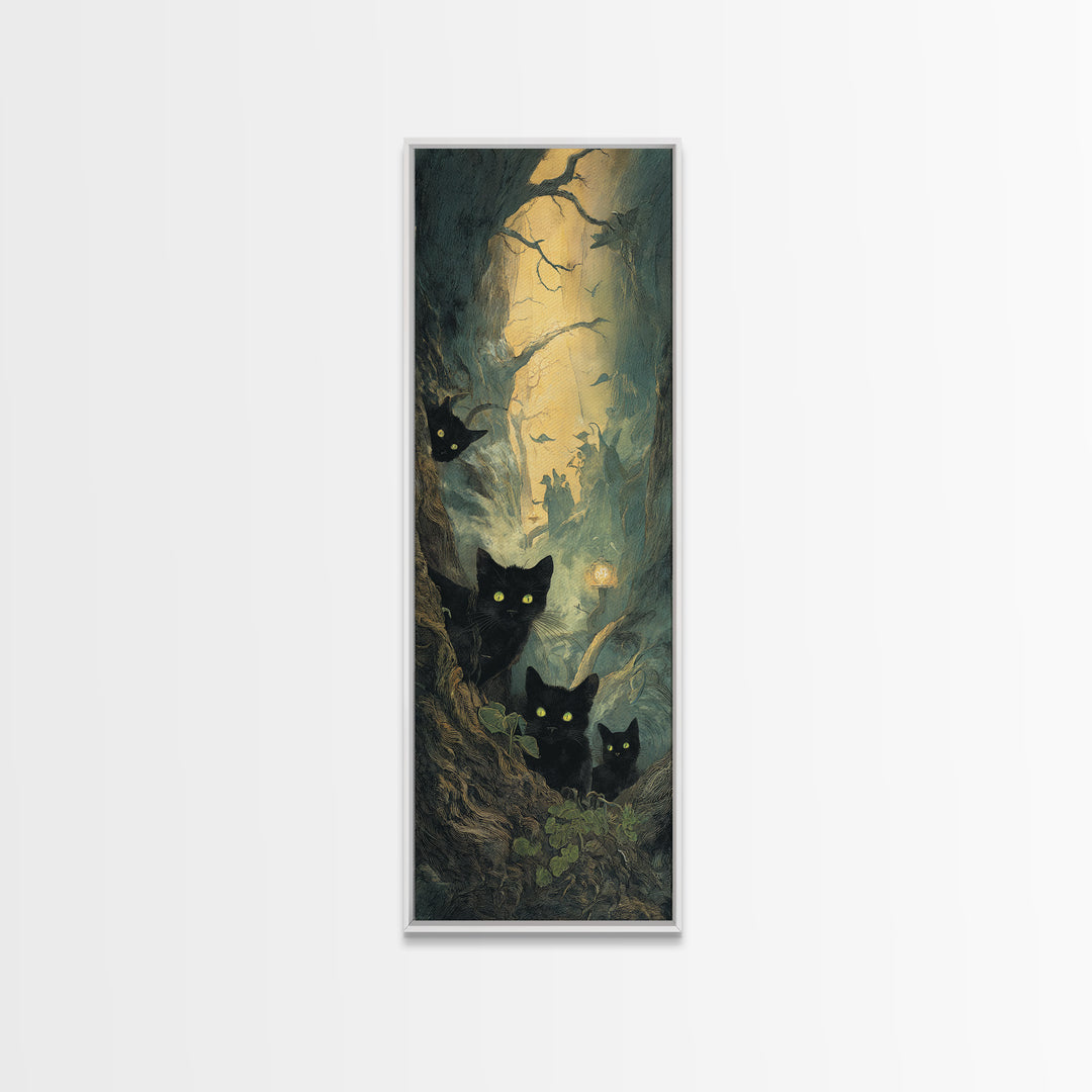 The Black Cat Gathering, Gothic Engraving Art, Tall Narrow Wall Art, Gothic Horror Wall Art, Framed Canvas Print, Halloween Wall Art