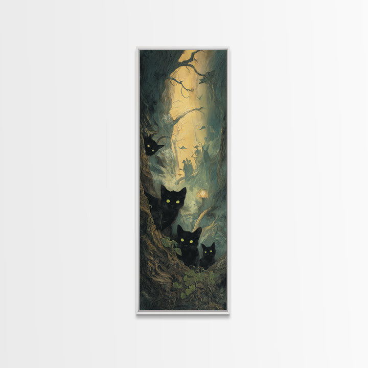 The Black Cat Gathering, Gothic Engraving Art, Tall Narrow Wall Art, Gothic Horror Wall Art, Framed Canvas Print, Halloween Wall Art