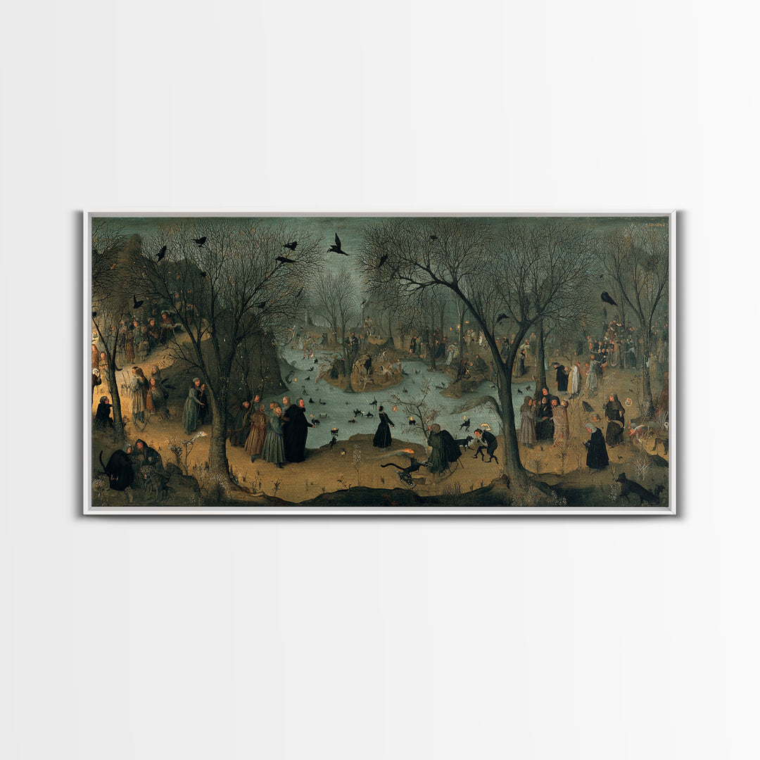 The Black Cat Gathering, Northern Renaissance Horror, Wide Panoramic Art, Gothic Horror Wall Art, Framed Canvas Print