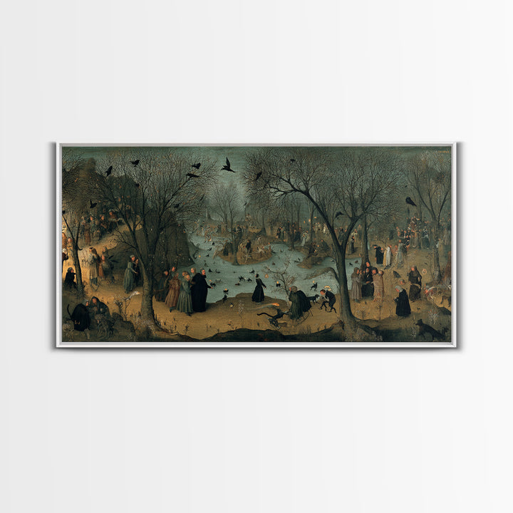 The Black Cat Gathering, Northern Renaissance Horror, Wide Panoramic Art, Gothic Horror Wall Art, Framed Canvas Print