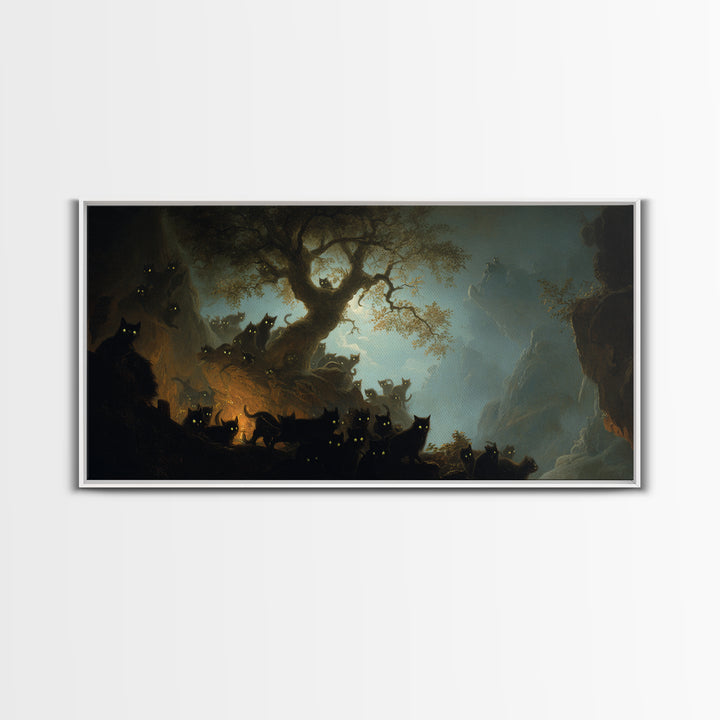 The Black Cat Gathering, Baroque Witchcraft Art, Wide Panoramic Art, Dark Fantasy Wall Art, Framed Canvas Print, Halloween Wall Art