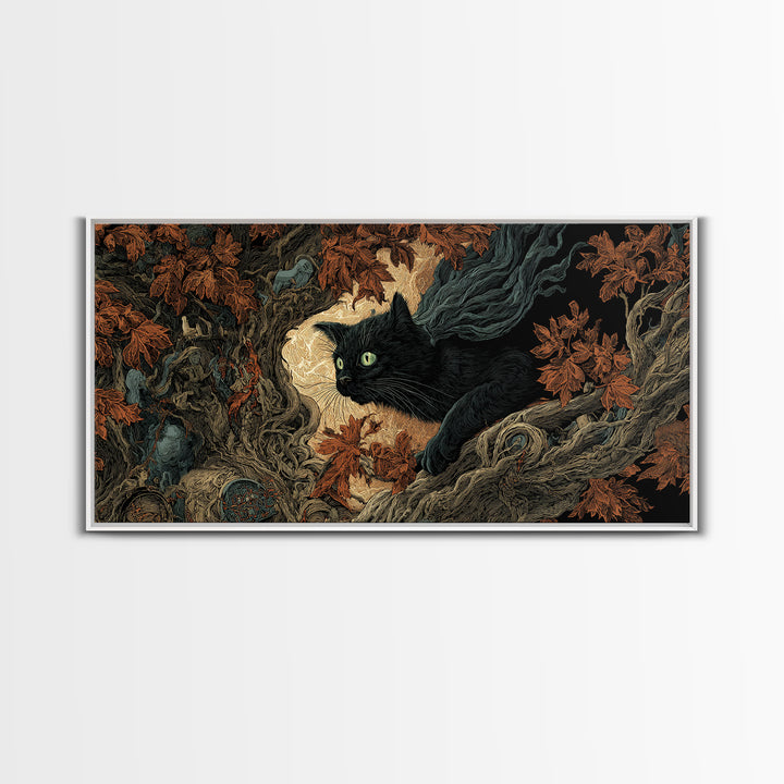 The Black Cat Gathering, Visionary Gothic Art, Wide Panoramic Art, Dark Halloween Decor, Framed Canvas Print, Halloween Wall Art