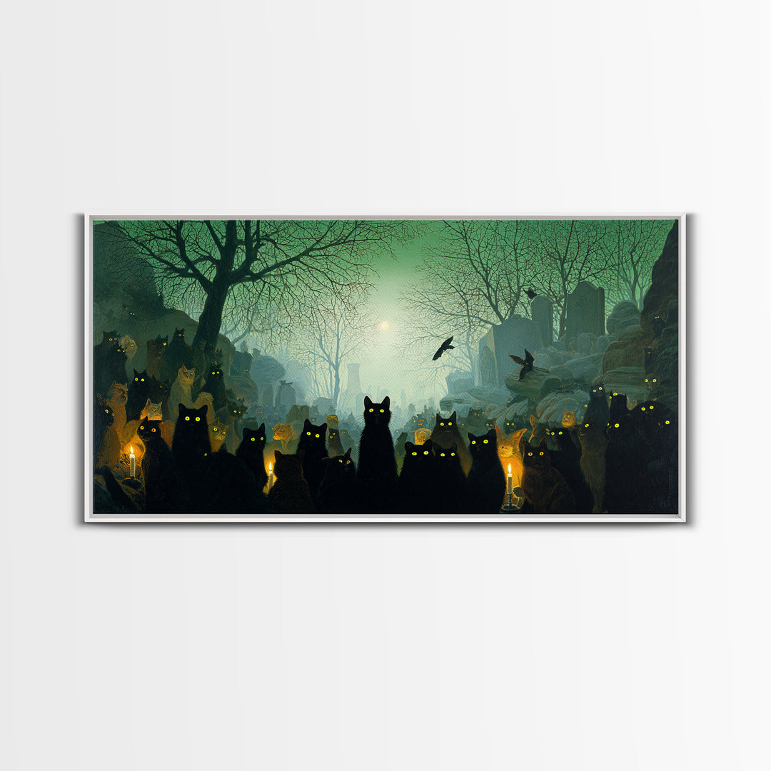 The Black Cat Gathering, Romantic Gothic Landscape, Wide Panoramic Art, Dark Fantasy Wall Art, Canvas Print, Halloween Wall Art