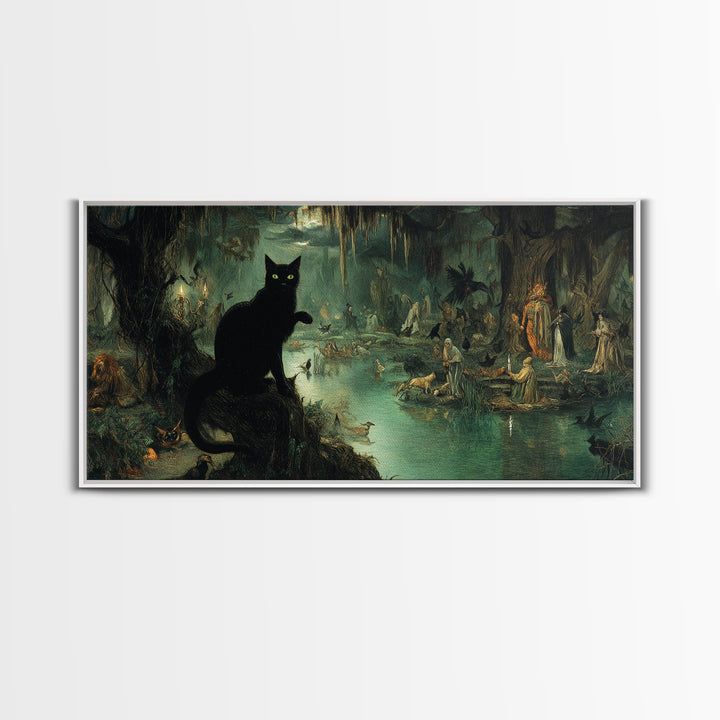 The Black Cat Gathering, Symbolist Gothic Landscape, Wide Panoramic Art, Dark Fantasy Wall Art, Framed Canvas Print, Halloween Wall Art
