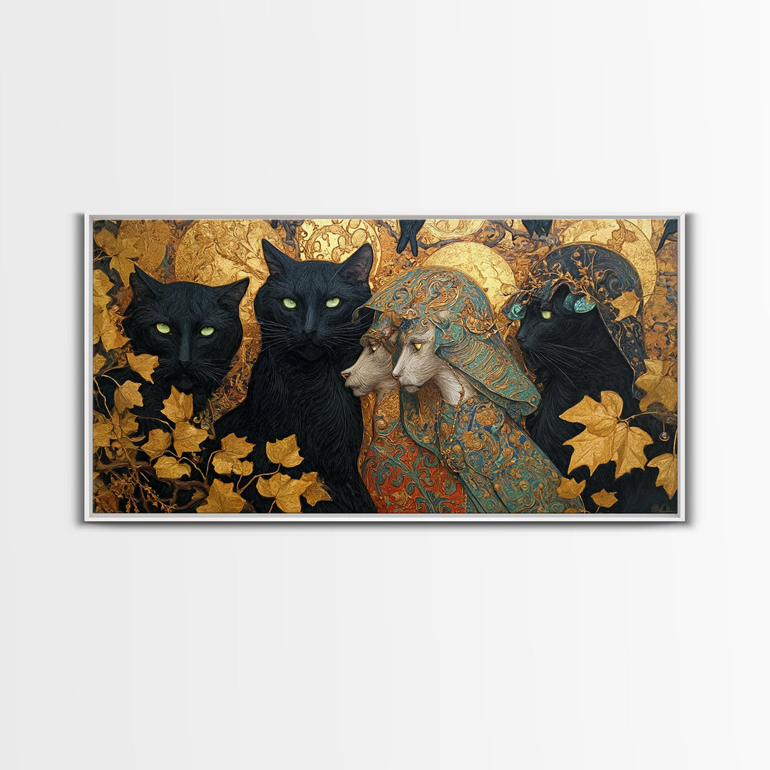 The Black Cat Gathering, Ornate Symbolist Art, Wide Panoramic Art, Gothic Horror Wall Art, Canvas Print, Halloween Wall Art