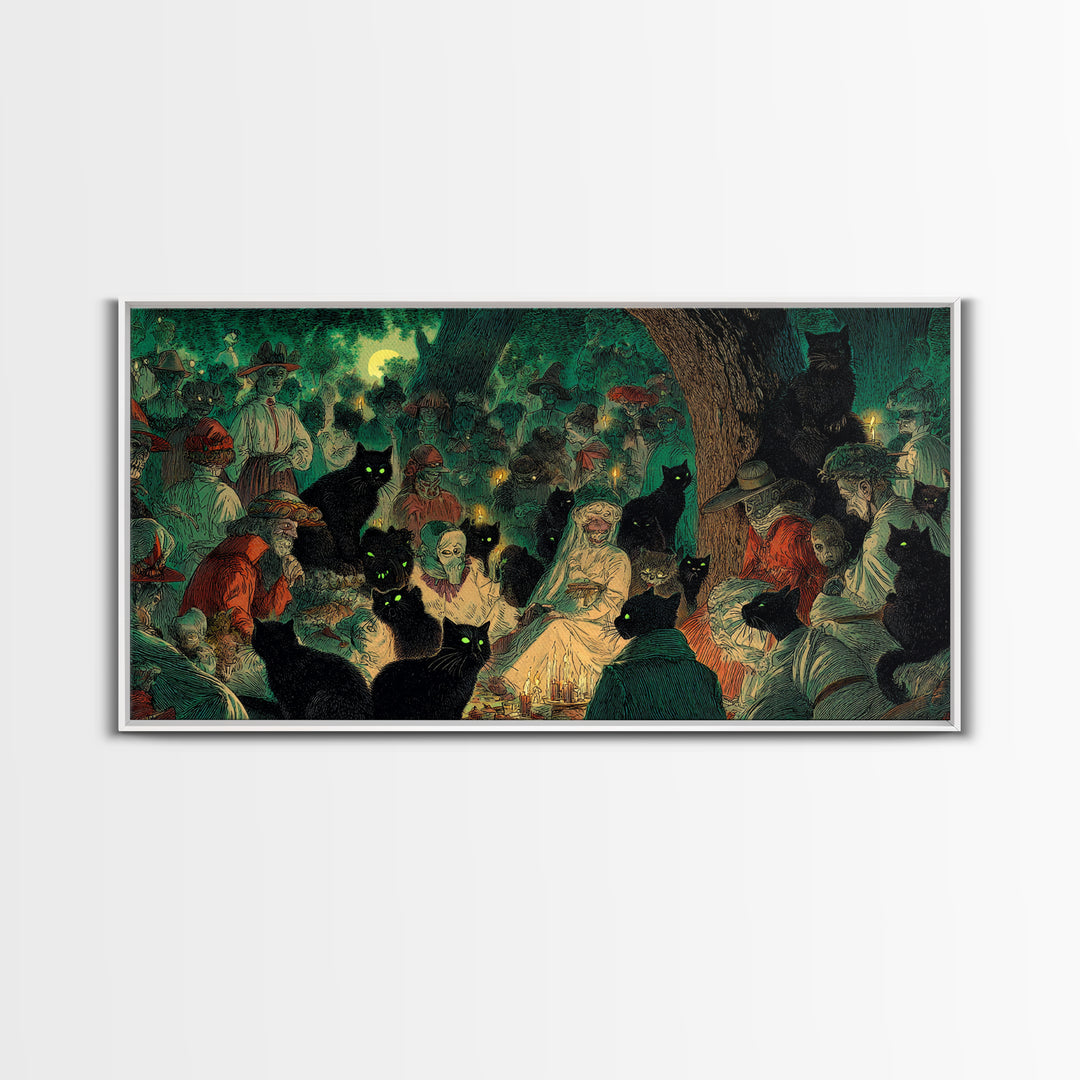 The Black Cat Gathering, Decadent Gothic Art, Wide Panoramic Art, Gothic Horror Wall Art, Canvas Print, Halloween Wall Art