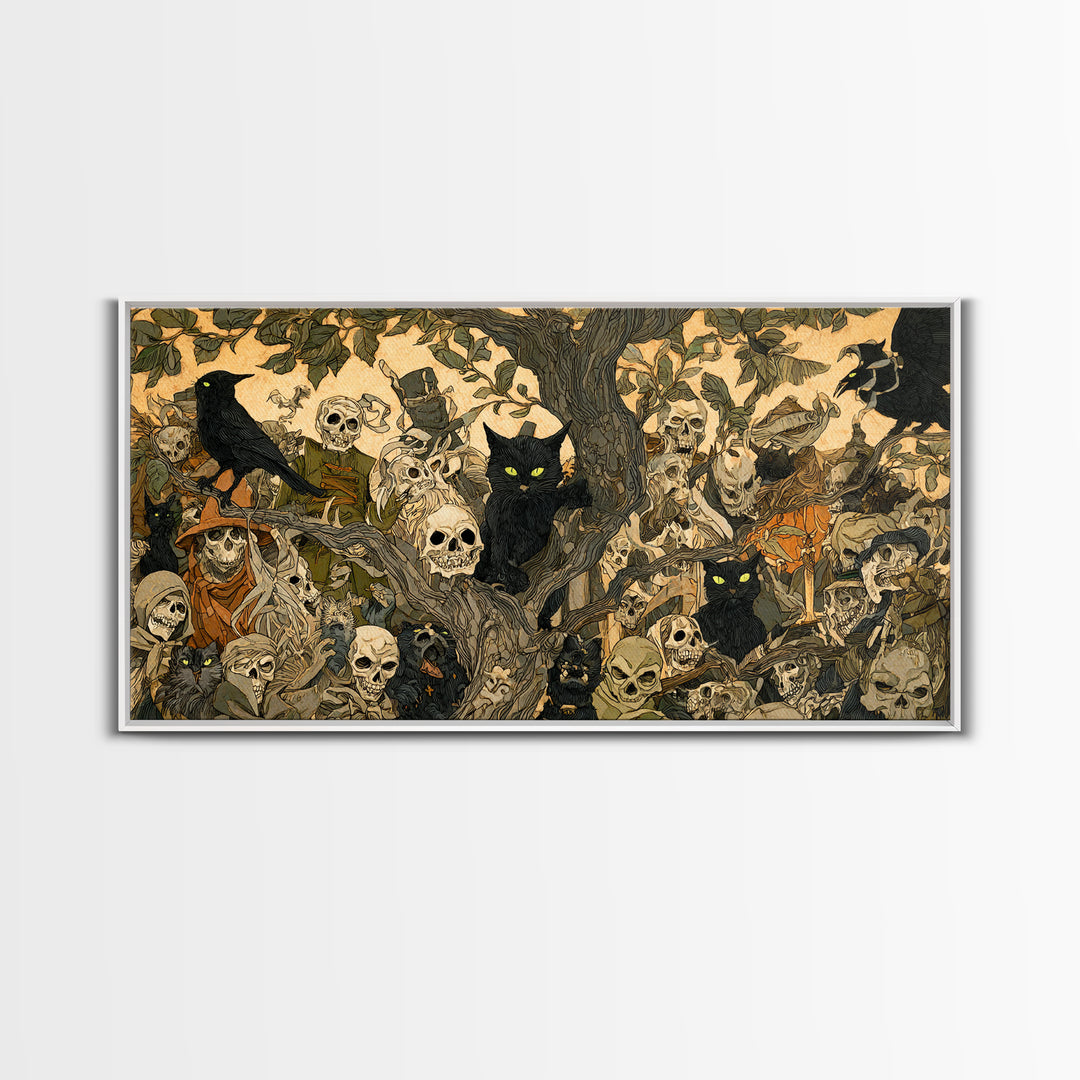 The Black Cat Gathering, Grotesque Carnival Art, Wide Panoramic Art, Dark Halloween Decor, Framed Canvas Print, Halloween Wall Art