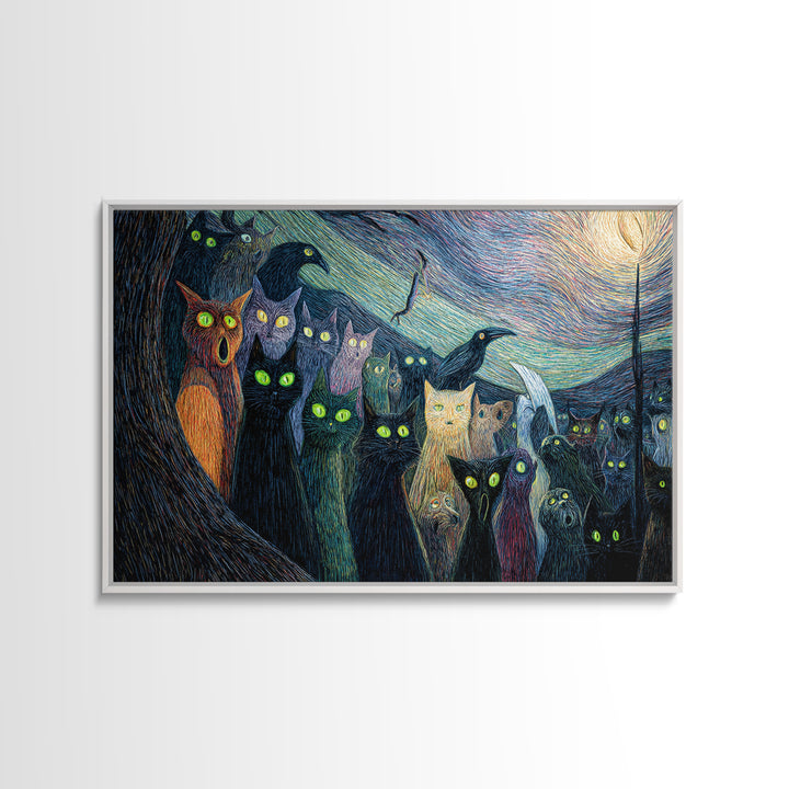 The Black Cat Gathering, Expressionist Gothic Art, Landscape Wall Art, Dark Halloween Decor, Canvas Print, Halloween Wall Art