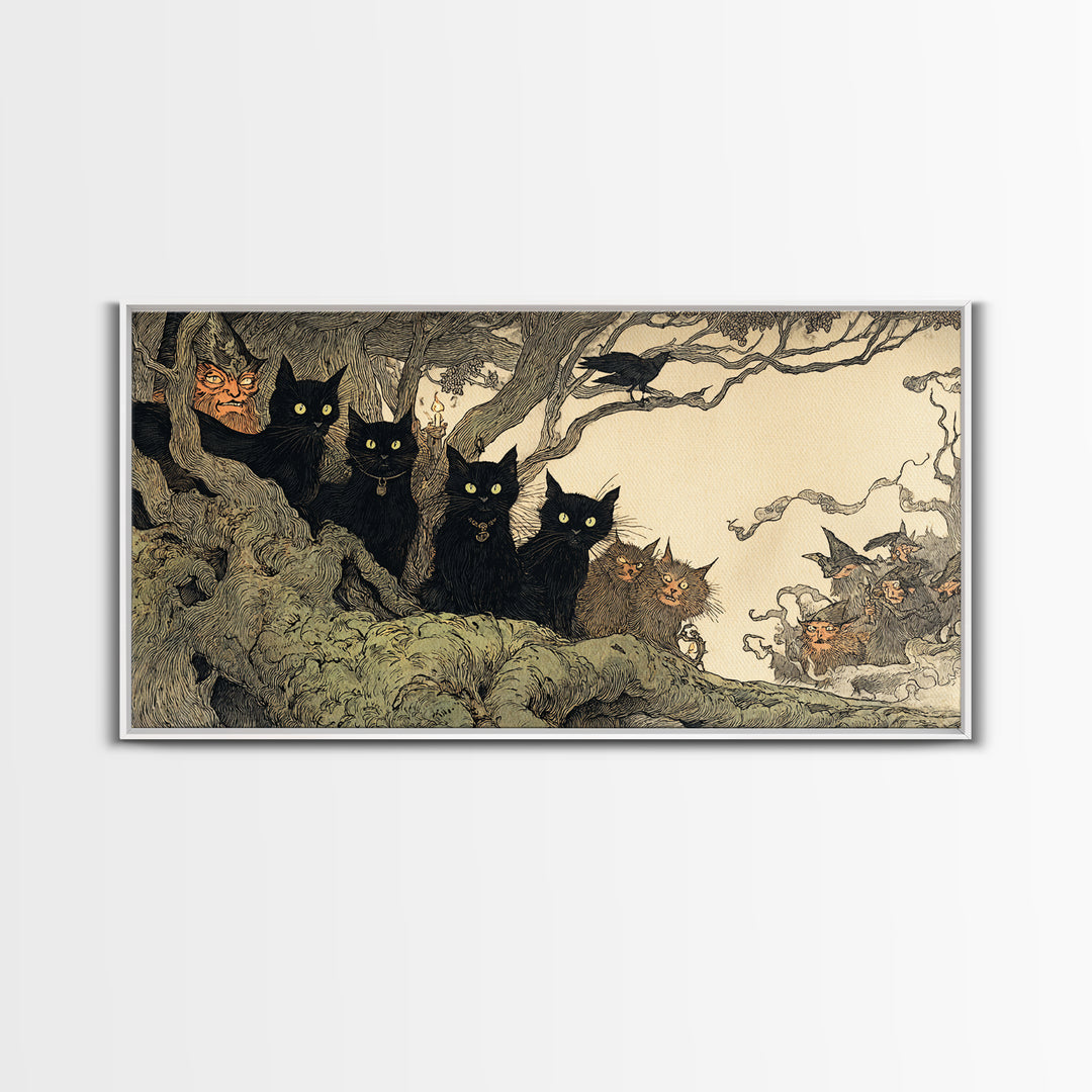 The Black Cat Gathering, Gothic Storybook Art, Wide Panoramic Art, Dark Halloween Decor, Framed Canvas Print, Halloween Wall Art