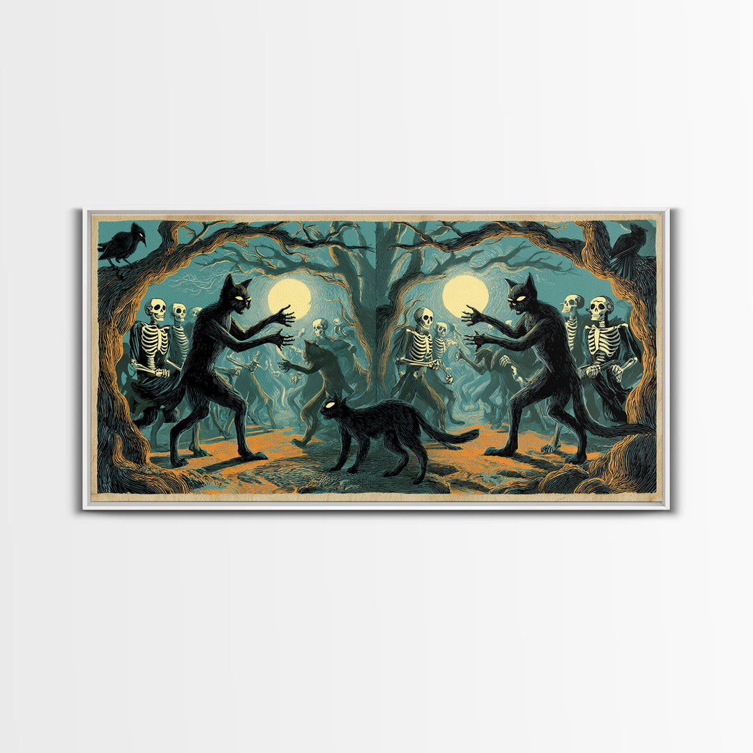 The Black Cat Gathering, Macabre Folk Print Art, Wide Panoramic Art, Macabre Wall Art, Framed Canvas Print, Halloween Wall Art