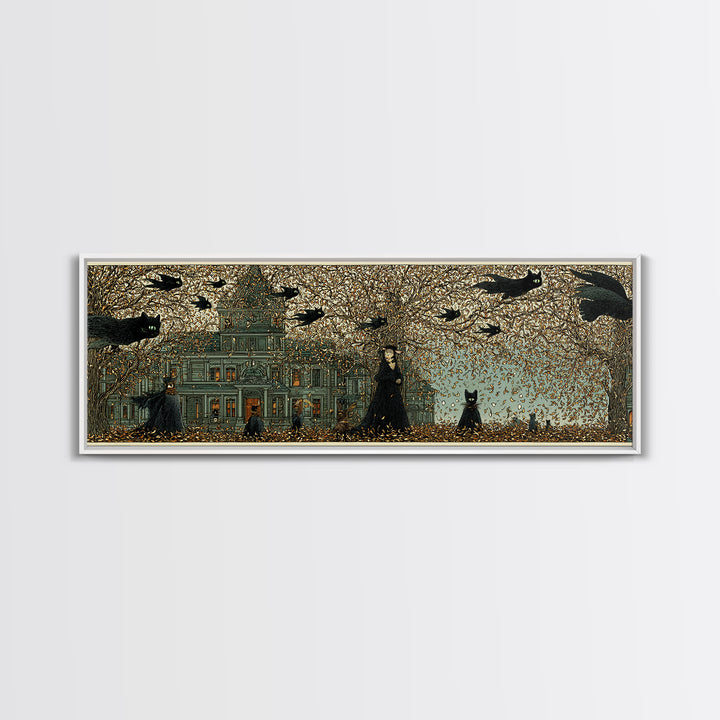 The Black Cat Gathering, Victorian Macabre Art, Extra Wide Wall Art, Dark Halloween Decor, Canvas Print, Halloween Wall Art
