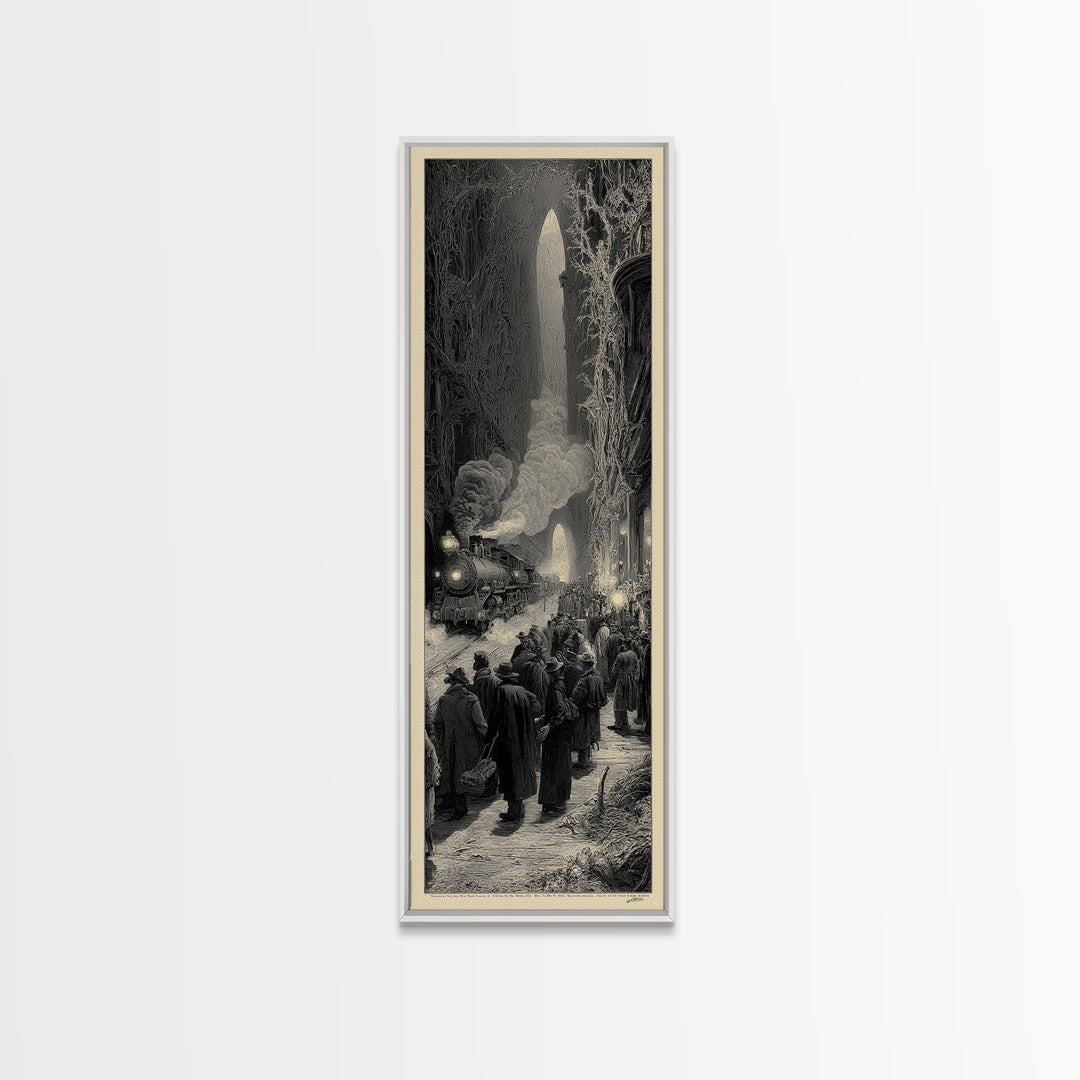 The Ghost Train Arrival, Gothic Engraving Art, Tall Narrow Wall Art, Dark Fantasy Wall Art, Canvas Print, Halloween Wall Art
