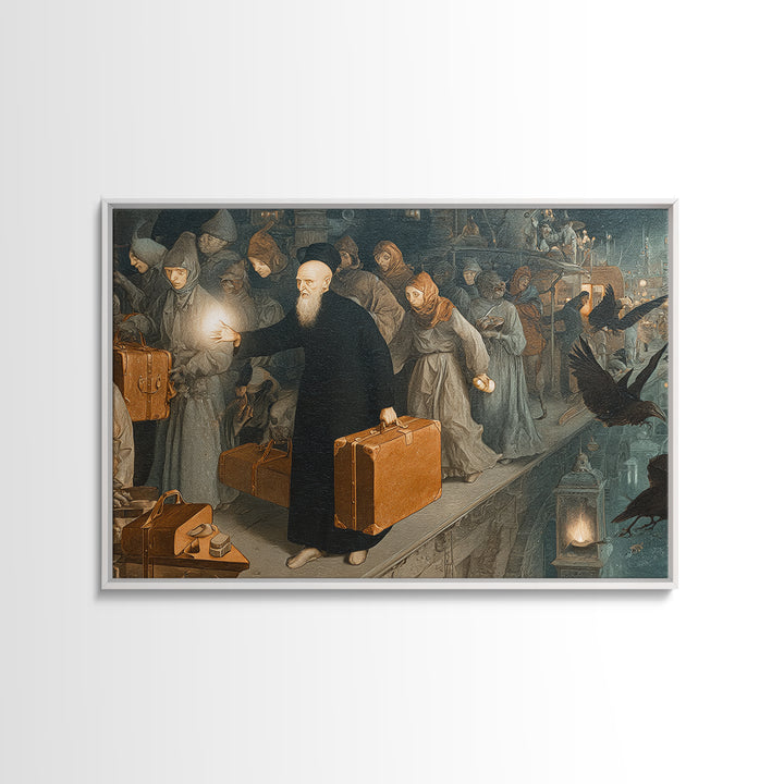 The Ghost Train Arrival, Medieval Grotesque Art, Landscape Wall Art, Dark Halloween Decor, Framed Canvas Print, Halloween Wall Art