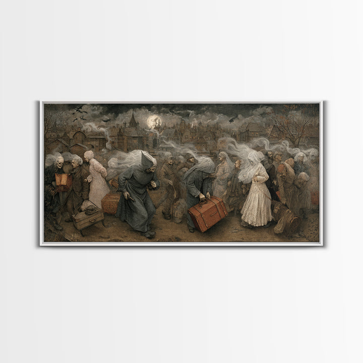 The Ghost Train Arrival, Northern Renaissance Horror, Wide Panoramic Art, Gothic Horror Wall Art, Framed Canvas Print