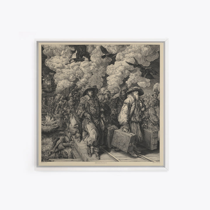 The Ghost Train Arrival, Renaissance Engraving Art, Square Wall Art, Dark Halloween Decor, Framed Canvas Print, Halloween Wall Art