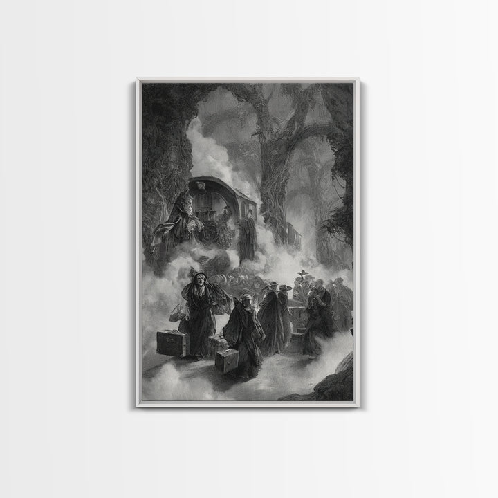 The Ghost Train Arrival, Baroque Witchcraft Art, Vertical Wall Art, Dark Halloween Decor, Canvas Print, Halloween Wall Art