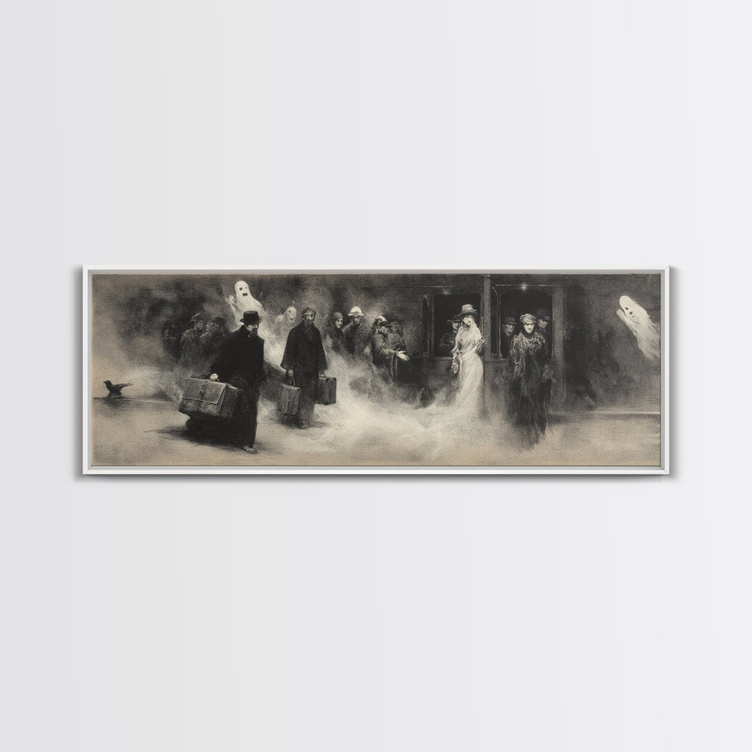 The Ghost Train Arrival, Symbolist Dream Art, Extra Wide Wall Art, Dark Halloween Decor, Canvas Print, Halloween Wall Art