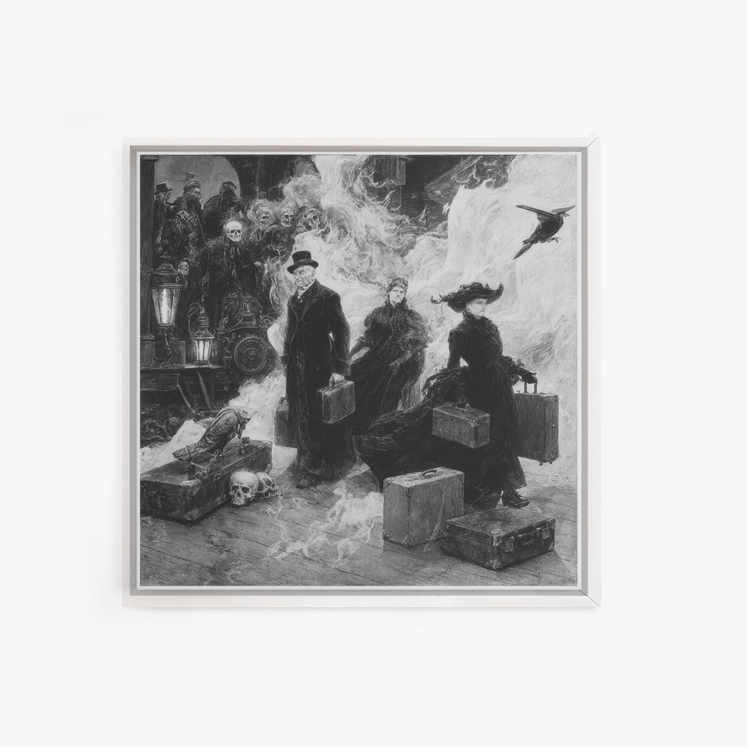 The Ghost Train Arrival, Decadent Gothic Art, Square Wall Art, Dark Halloween Decor, Framed Canvas Print, Halloween Wall Art