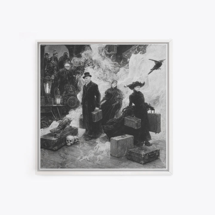 The Ghost Train Arrival, Decadent Gothic Art, Square Wall Art, Dark Halloween Decor, Framed Canvas Print, Halloween Wall Art