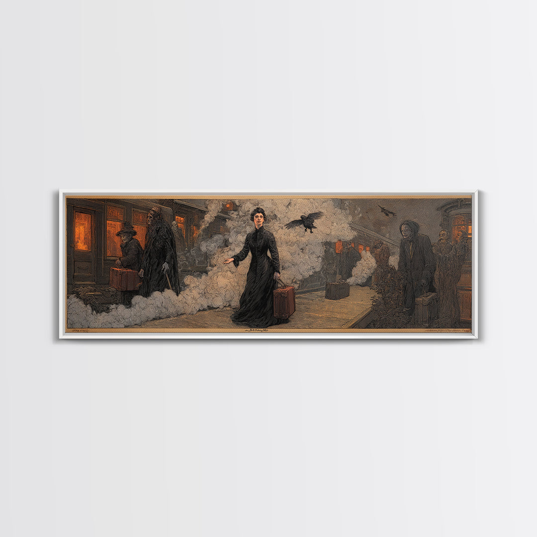 The Ghost Train Arrival, Symbolist Etching Art, Extra Wide Wall Art, Dark Fantasy Wall Art, Framed Canvas Print, Halloween Wall Art
