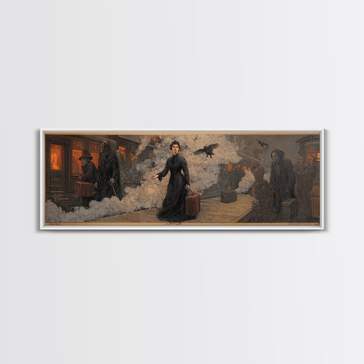 The Ghost Train Arrival, Symbolist Etching Art, Extra Wide Wall Art, Dark Fantasy Wall Art, Framed Canvas Print, Halloween Wall Art