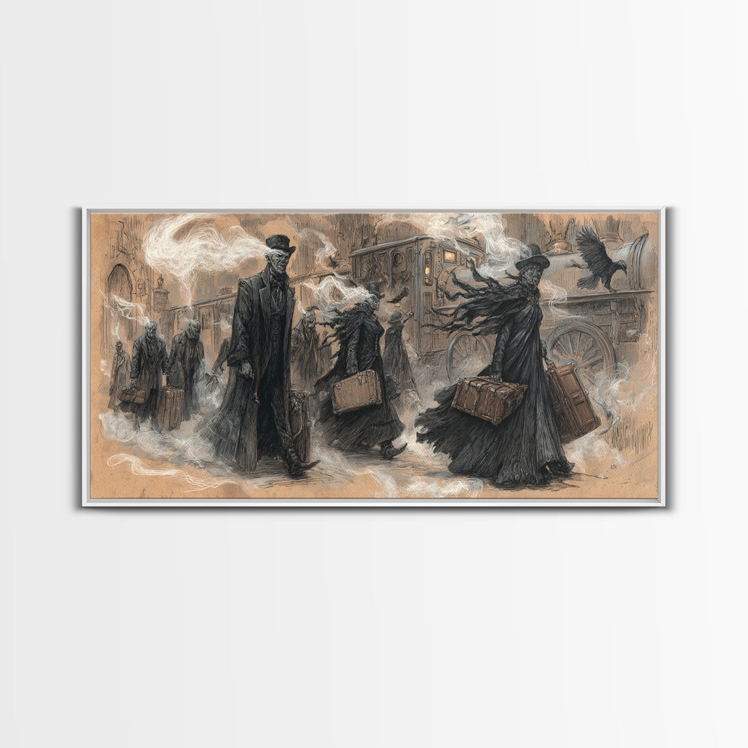 The Ghost Train Arrival, Expressionist Nightmare Art, Wide Panoramic Art, Macabre Wall Art, Canvas Print, Halloween Wall Art