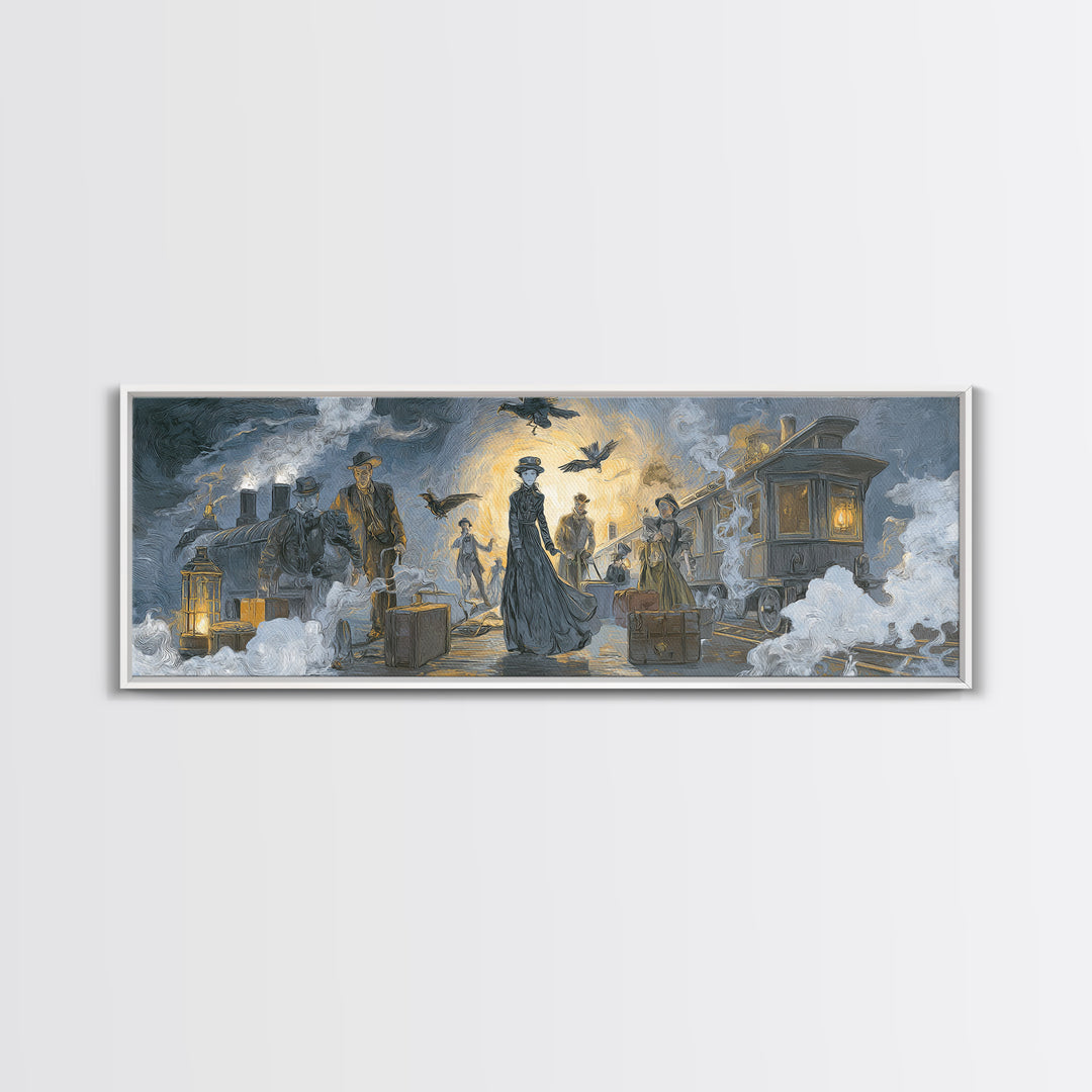 The Ghost Train Arrival, Expressionist Gothic Art, Extra Wide Wall Art, Dark Halloween Decor, Canvas Print, Halloween Wall Art