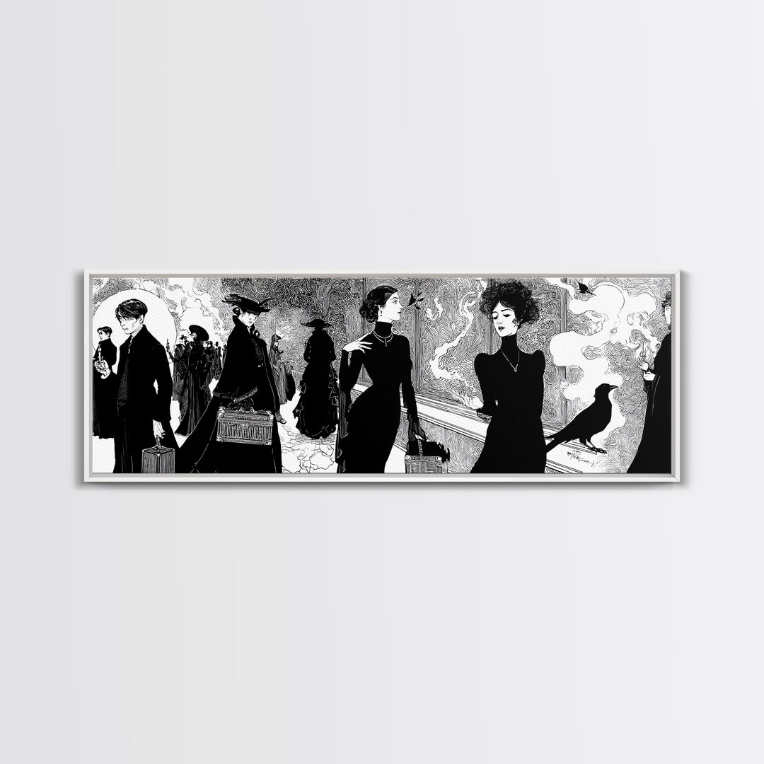 The Ghost Train Arrival, Decadent Line Art, Extra Wide Wall Art, Gothic Horror Wall Art, Canvas Print, Halloween Wall Art