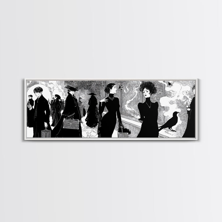 The Ghost Train Arrival, Decadent Line Art, Extra Wide Wall Art, Gothic Horror Wall Art, Canvas Print, Halloween Wall Art